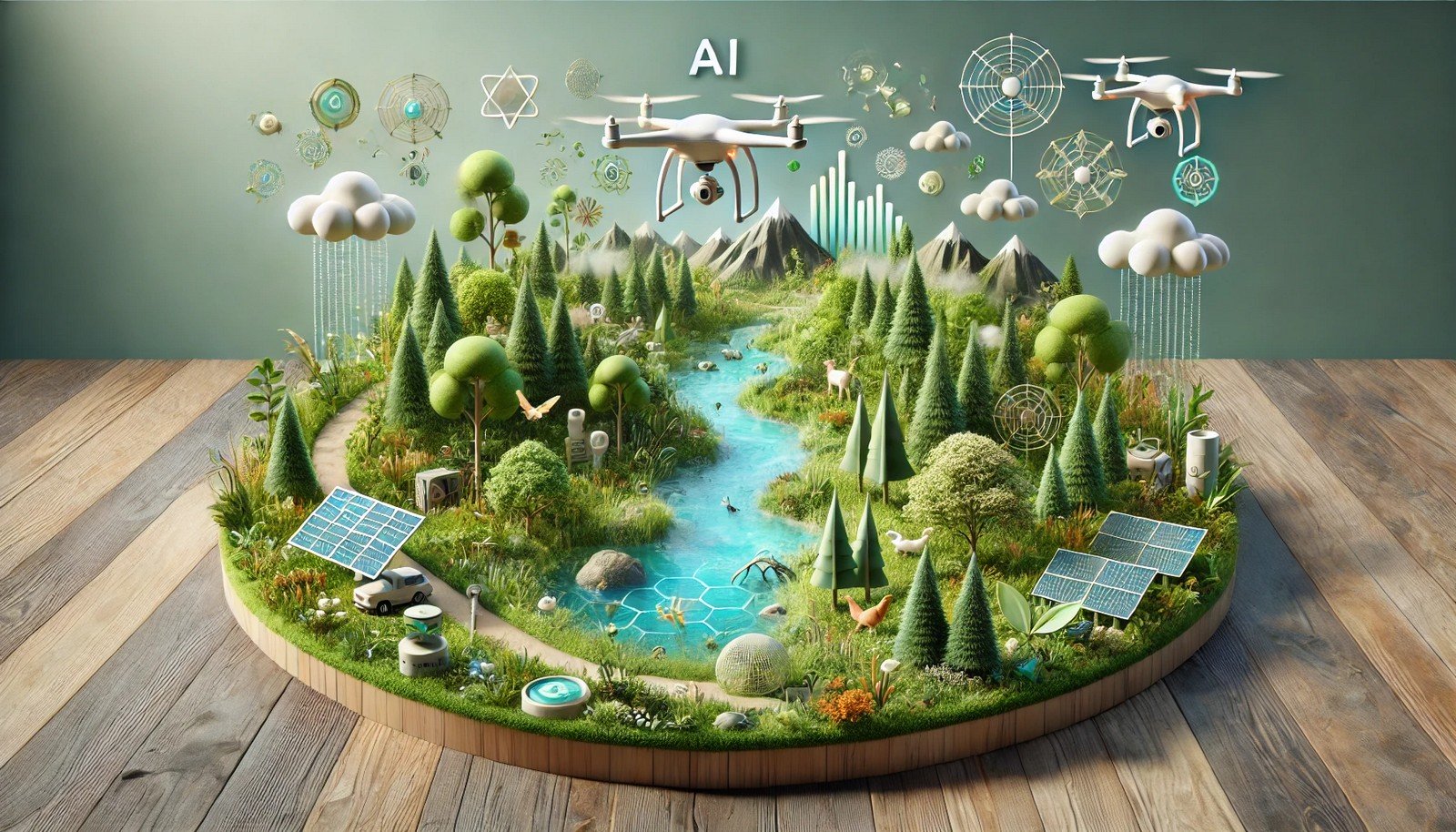 A 3D illustration showing Environmental AI in action within a vibrant forest ecosystem, with drones and sensors monitoring wildlife, plants, and atmospheric elements, symbolizing environmental conservation through technology.