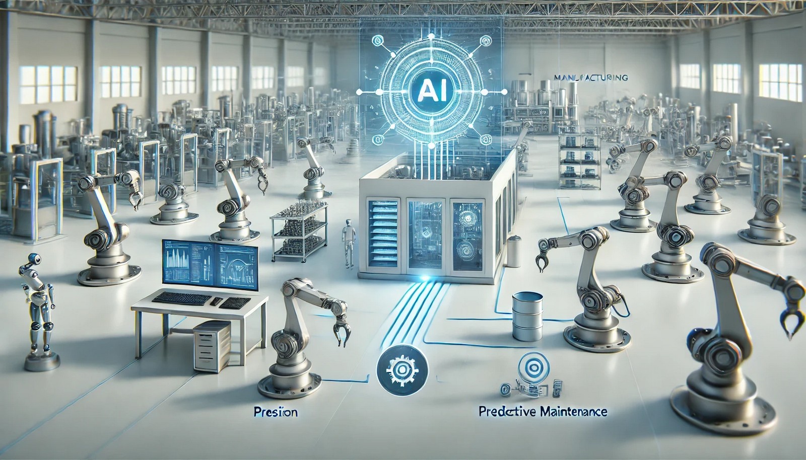 A clean, modern 3D illustration of an advanced, automated factory floor with robotic arms and high-tech machinery connected to a central AI hub, symbolizing smart automation and efficiency.