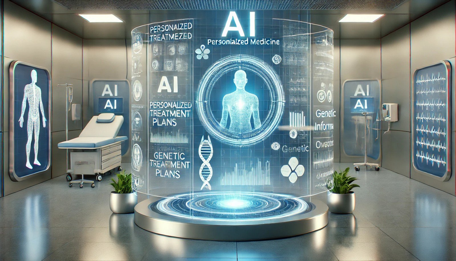 A clean 3D illustration showing a futuristic AI-driven healthcare interface with holographic displays of medical data, personalized treatment options, and genetic markers, symbolizing AI in Personalized Medicine.