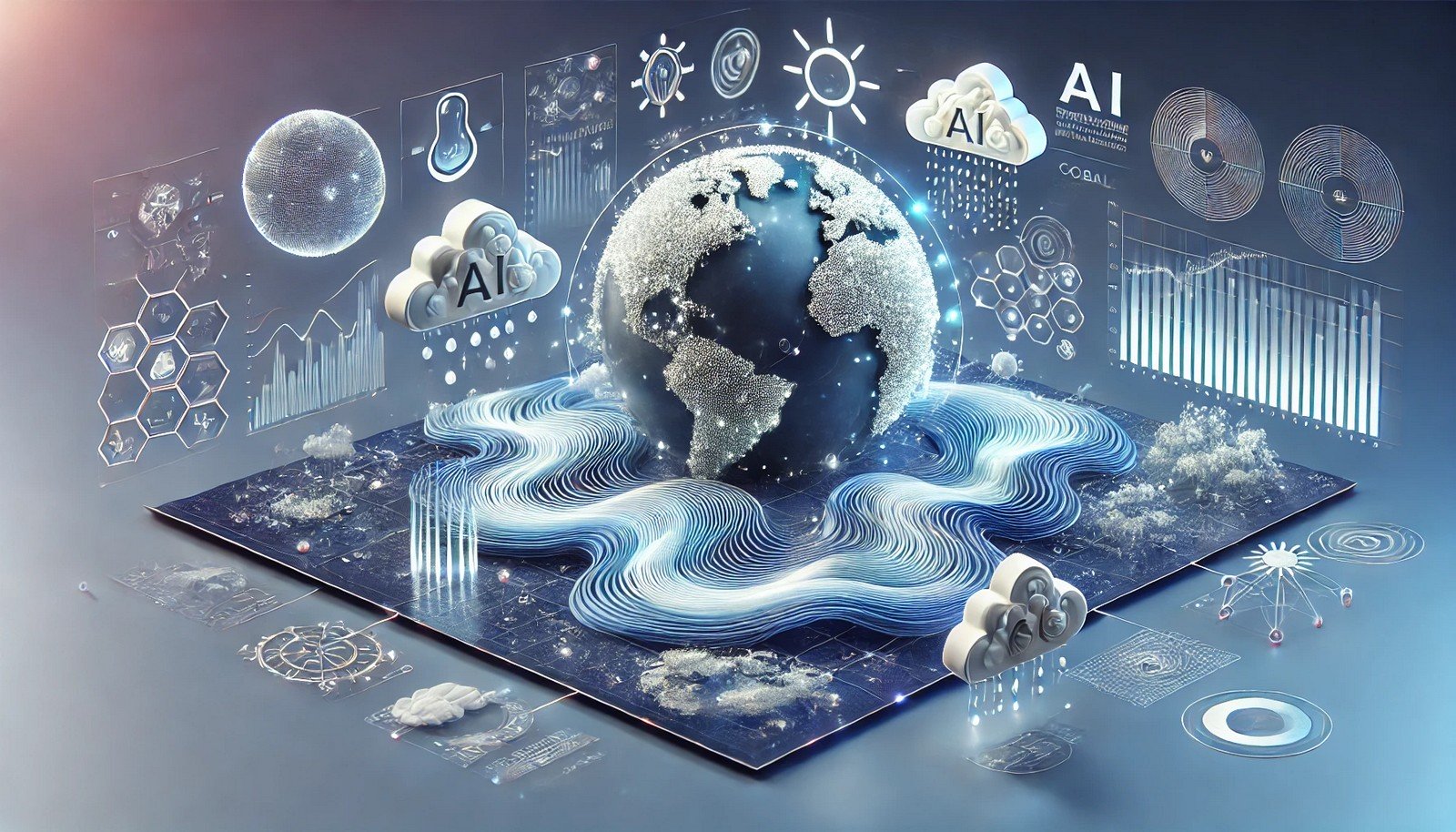 A futuristic 3D illustration of Climate Modeling AI showing AI systems analyzing climate data, with cloud formations, temperature gradients, and ocean currents visualized in a digital environment.