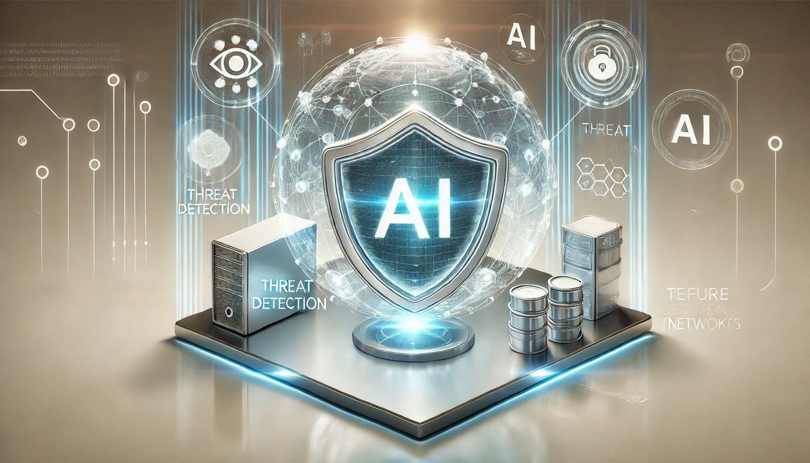 3D illustration of AI in Cybersecurity, showing digital systems protected by AI surveillance with network security elements, data flows, and a tech-inspired background conveying digital safety.