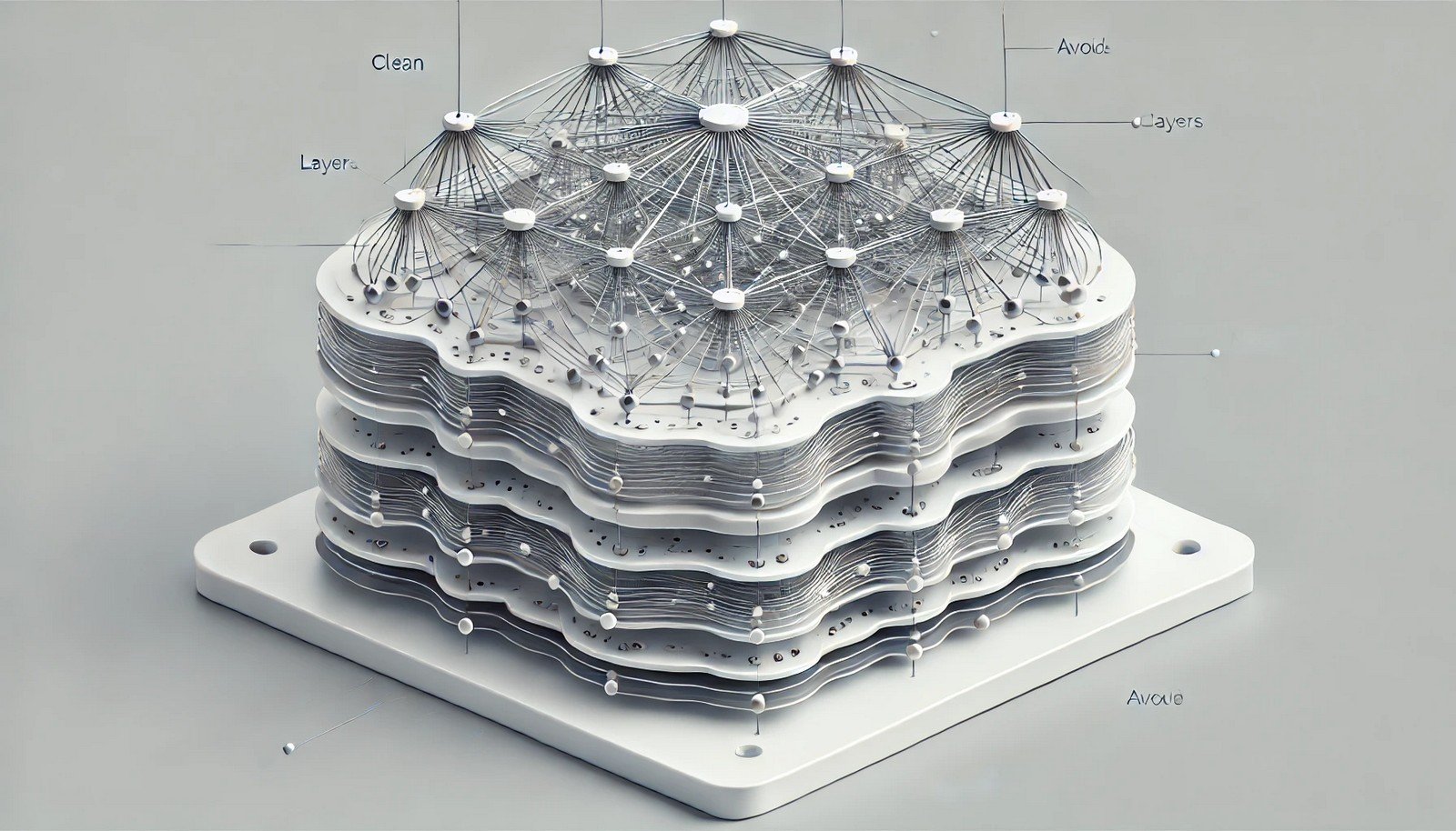 A 3D illustration of a neural network architecture, featuring layers of interconnected nodes representing neurons, with organized connections across layers, visually representing the flow of information.