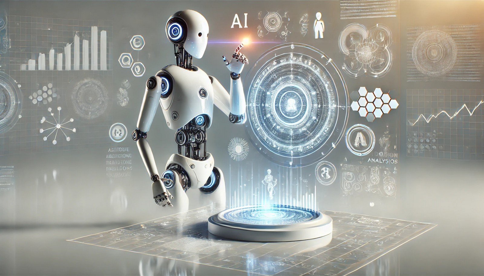 A clean 3D illustration of a futuristic robot interacting with a holographic interface, symbolizing AI-driven data analysis and decision-making, set against a minimalist high-tech background.