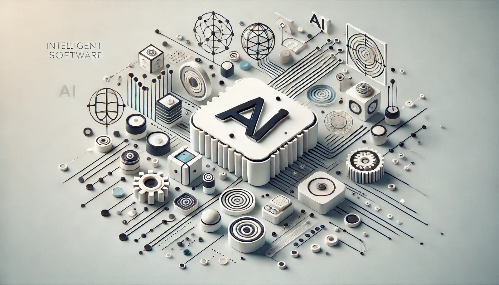 A high-tech 3D illustration symbolizing AI Intelligent Software, featuring interconnected data nodes, circuits, and geometric shapes representing machine learning, data processing, and autonomous decision-making.