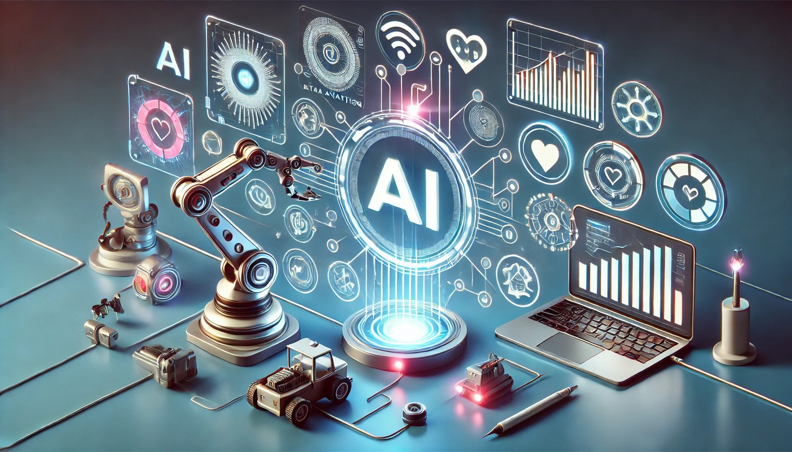 A clean 3D illustration showing AI-powered tools with robotic arms, holographic data displays, and interconnected digital symbols. The scene reflects data analysis, automation, and decision-making in a futuristic, high-tech layout.