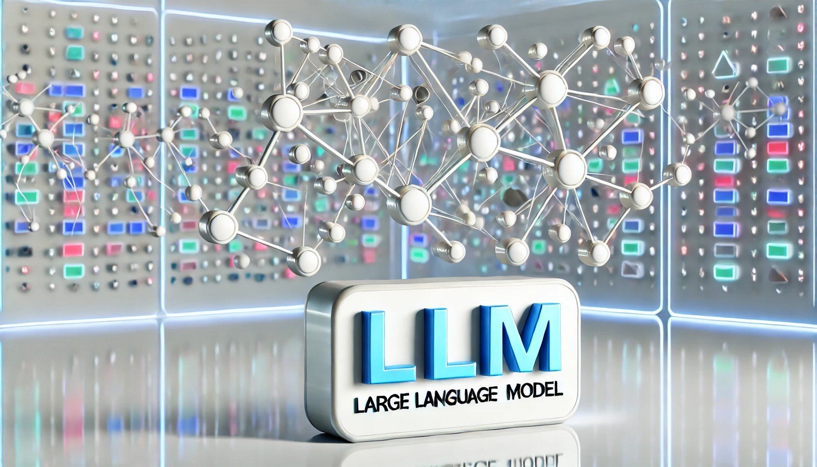 A 3D illustration depicting LLM Training, showing interconnected neural networks processing data nodes in a futuristic, clean digital space, symbolizing AI's learning process in understanding human language.