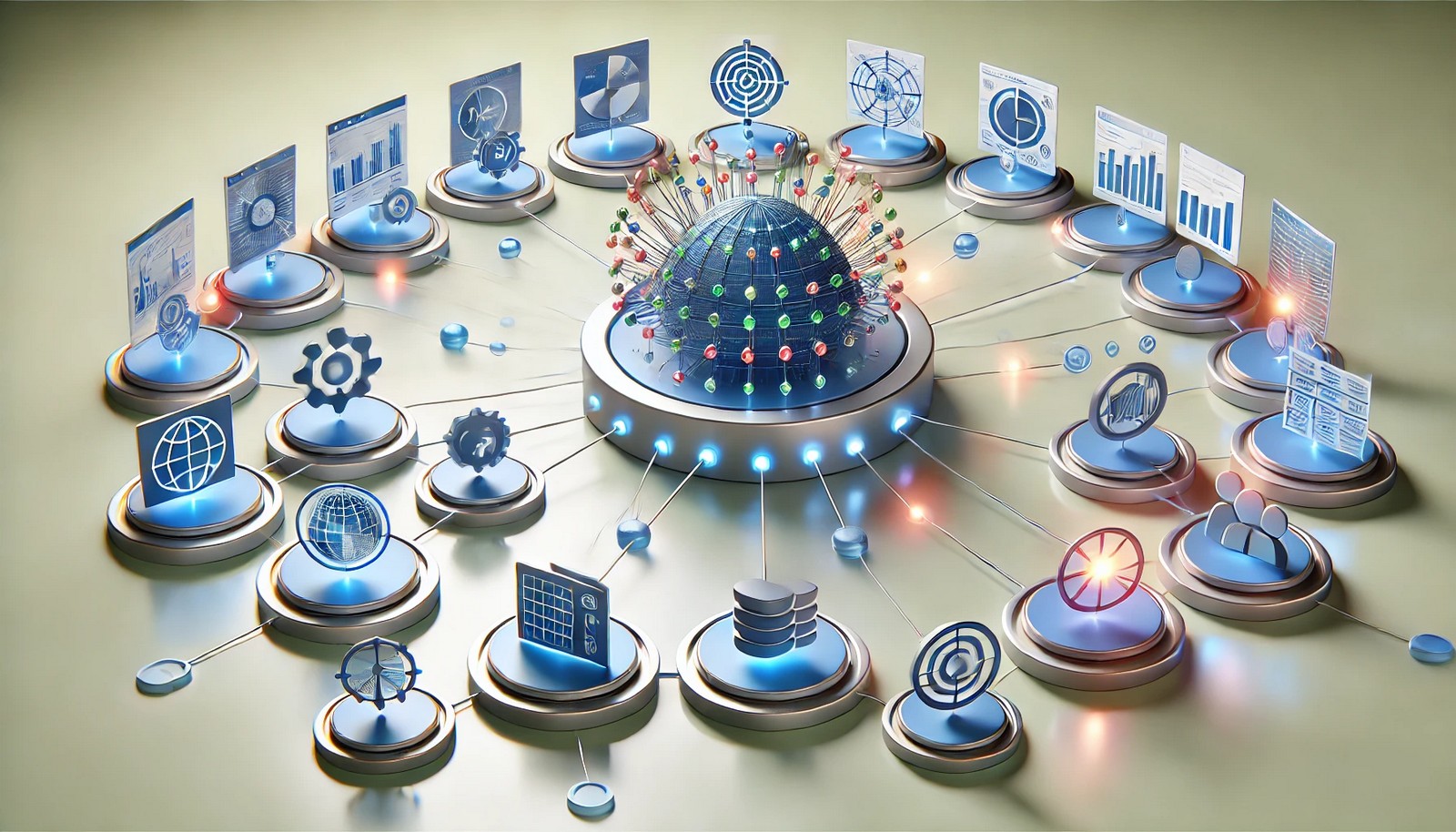 A 3D illustration featuring a central large language model (LLM) distributing data flows to nodes representing customer service, education, and marketing applications, with dynamic light streams signifying integration.