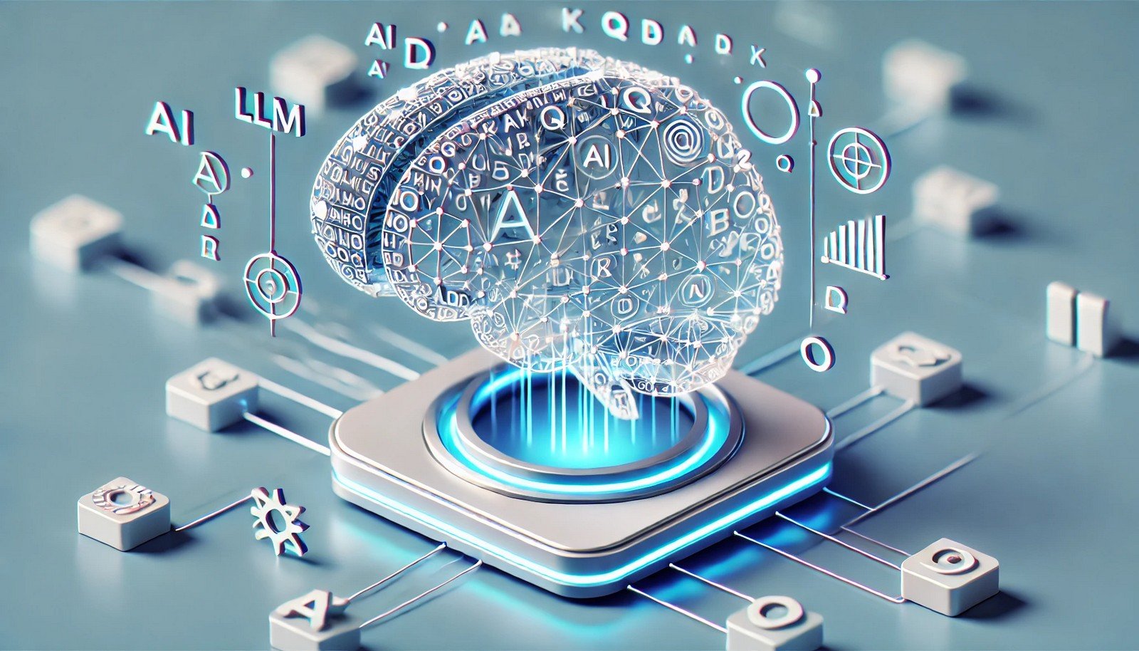 A 3D illustration of a digital brain connected to a network, symbolizing a large language model (LLM) with neon accents, processing language symbols like letters and words.