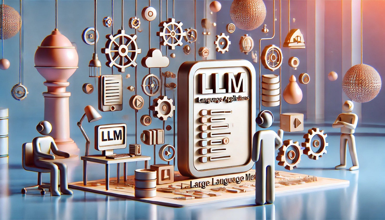 A clean 3D illustration representing LLM-based applications, showing a futuristic blend of digital elements symbolizing text generation, language translation, and AI-based automation in a minimalist, tech-inspired layout.