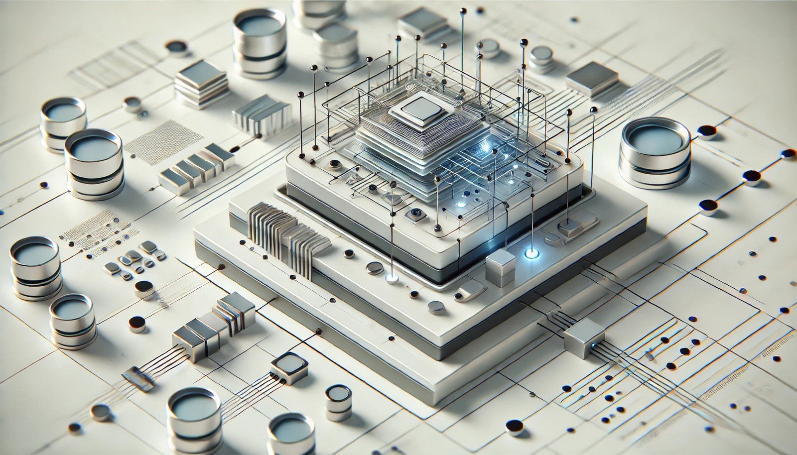 A 3D illustration of AI Architecture, showing interconnected layers and modules symbolizing structured data flow and processing in a modern, abstract design.