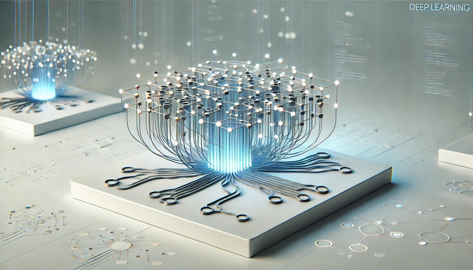 A 3D illustration of a neural network with layered nodes and flowing pathways, symbolizing data processing and deep learning complexity in model training, set against a modern, minimalistic background.