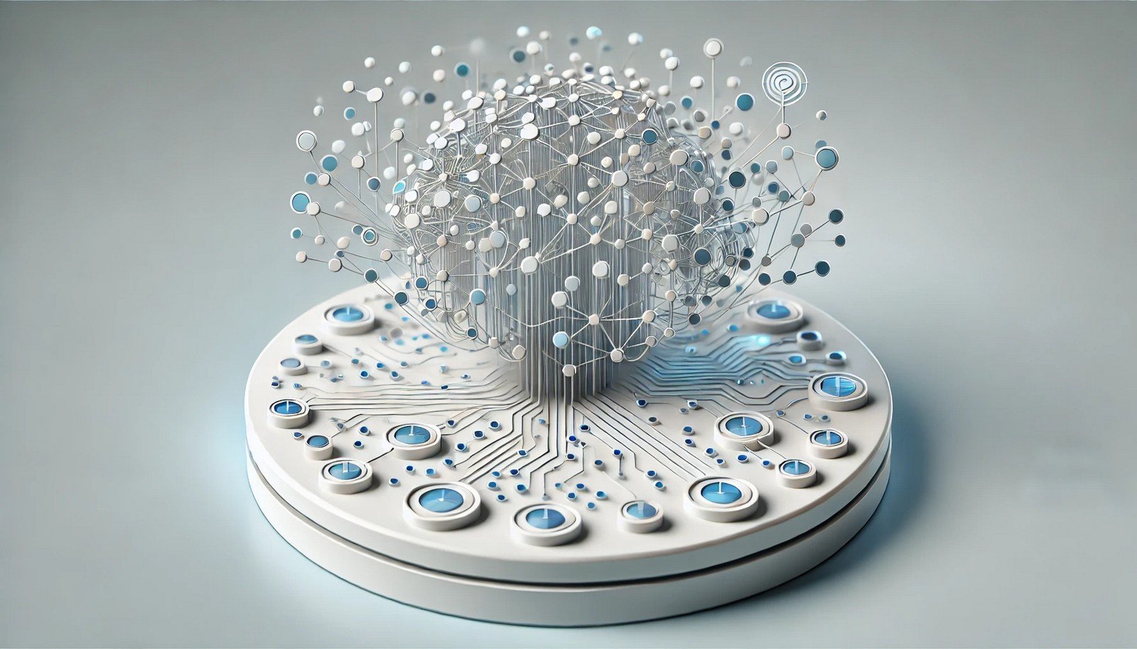 A clean 3D illustration of Data-driven AI, showing interconnected data points within a neural network pattern, symbolizing data flow and AI decision-making in a modern, futuristic style.