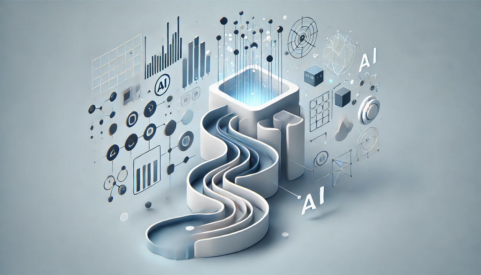 A clean 3D illustration showing AI Algorithm Development, with abstract data flowing into a system and transforming into outputs, symbolizing machine learning and decision-making.