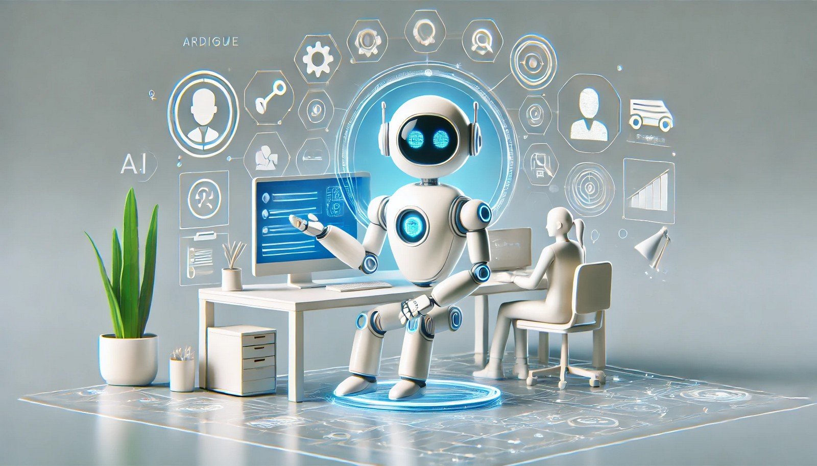 A clean, 3D illustration of a futuristic AI robot assistant helping a user on a virtual screen in a workspace. The scene emphasizes automation, connectivity, and organized task support.