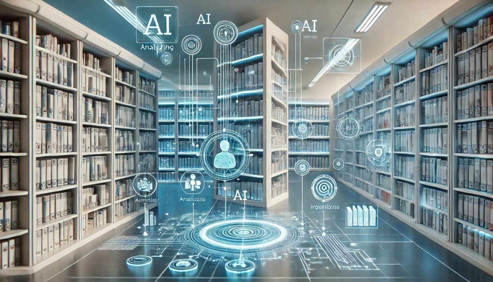 A futuristic 3D illustration of AI-driven knowledge management, depicting a structured, library-like setting with digital interfaces that organize, retrieve, and analyze information, symbolizing intelligent data flow.