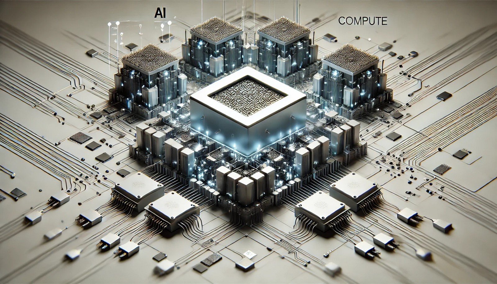 A clean 3D illustration of interconnected computer processors, resembling GPUs and CPUs, processing streams of data within a futuristic cloud data center, emphasizing AI Compute.