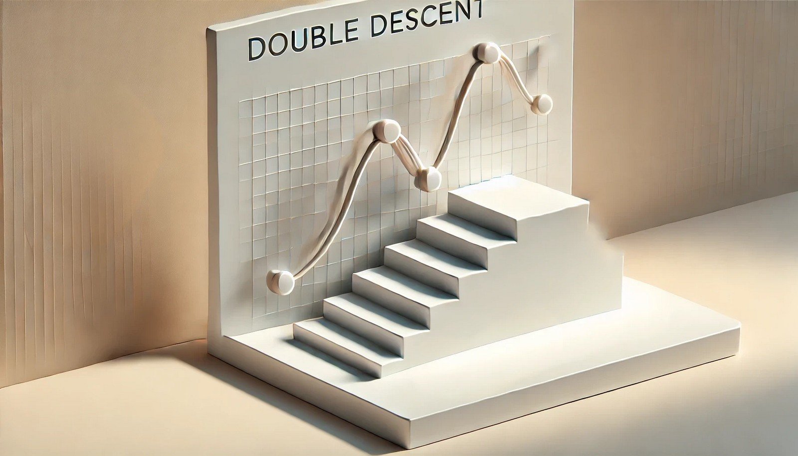 3D illustration showing the Double Descent curve with two dips in error rates, symbolizing the pattern of decreasing, increasing, and then decreasing errors as model complexity rises in machine learning.