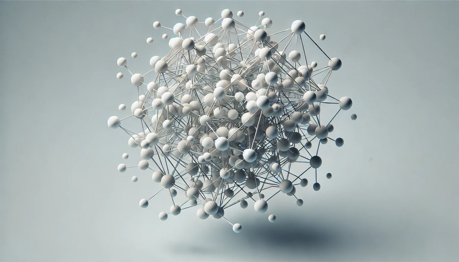 A clean 3D illustration showcasing emergent behavior with interconnected geometric shapes or spheres forming a complex, self-organizing structure, highlighting interaction and interconnection in a minimalistic style.