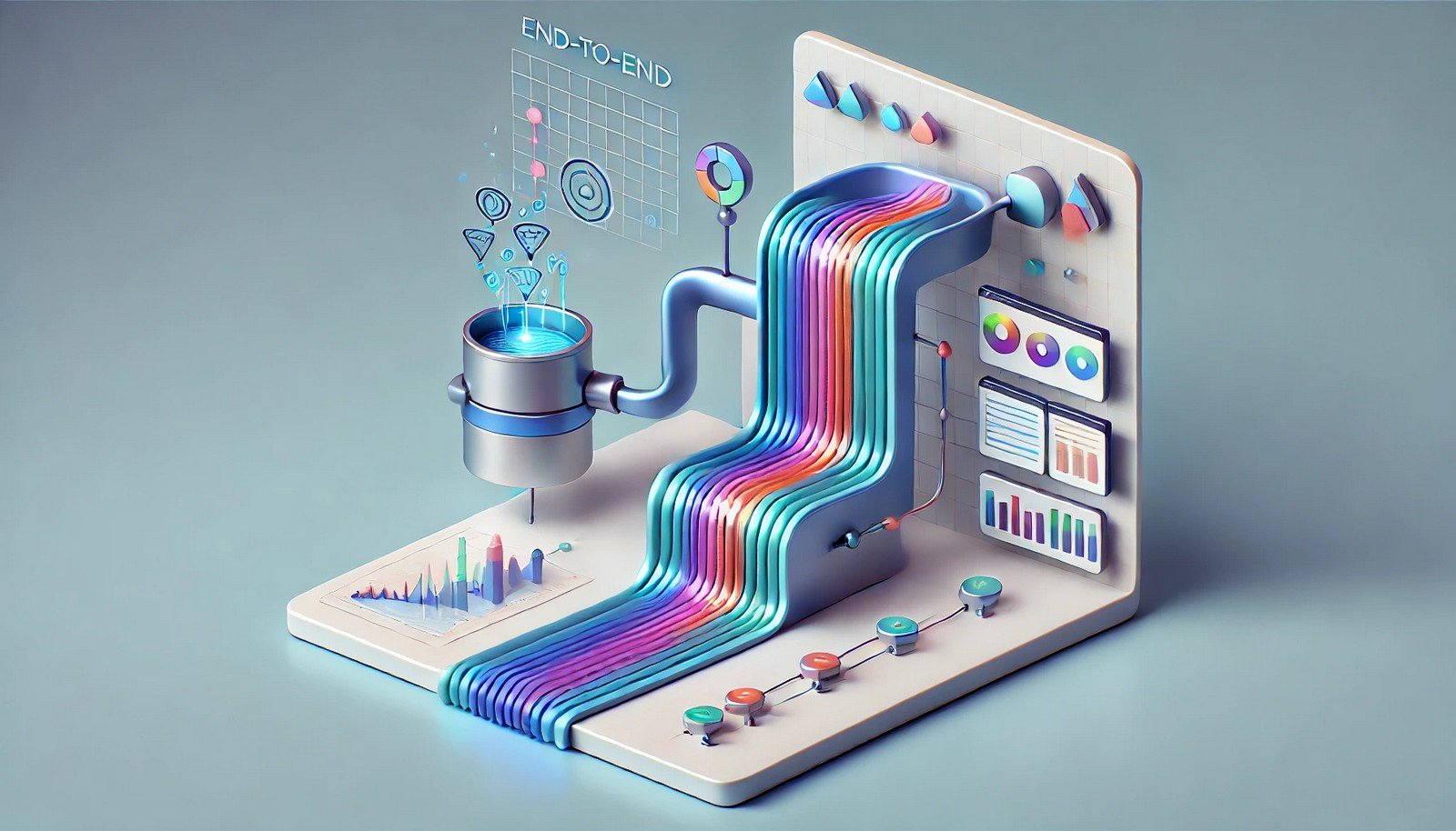 A 3D illustration of End-to-End Learning, depicting a streamlined flow of data moving seamlessly from input to output in a unified, automated system, symbolizing simplicity and optimization.