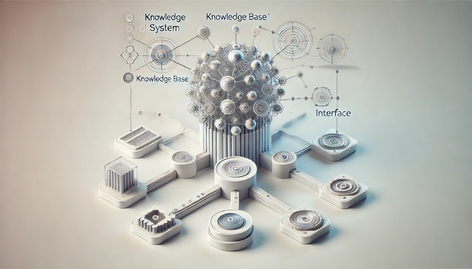 A 3D illustration representing an expert system with interconnected nodes that symbolize elements like a knowledge base, inference engine, and interface, showing systematic AI decision-making.