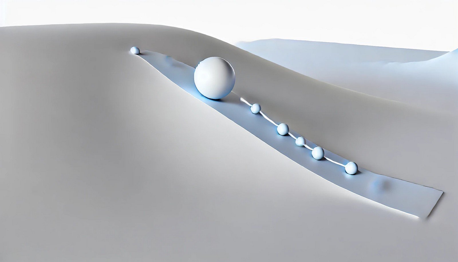 "A 3D illustration showing a spherical marker descending step-by-step along a smooth, sloping terrain towards a low point, symbolizing optimization in Gradient Descent with an abstract landscape."