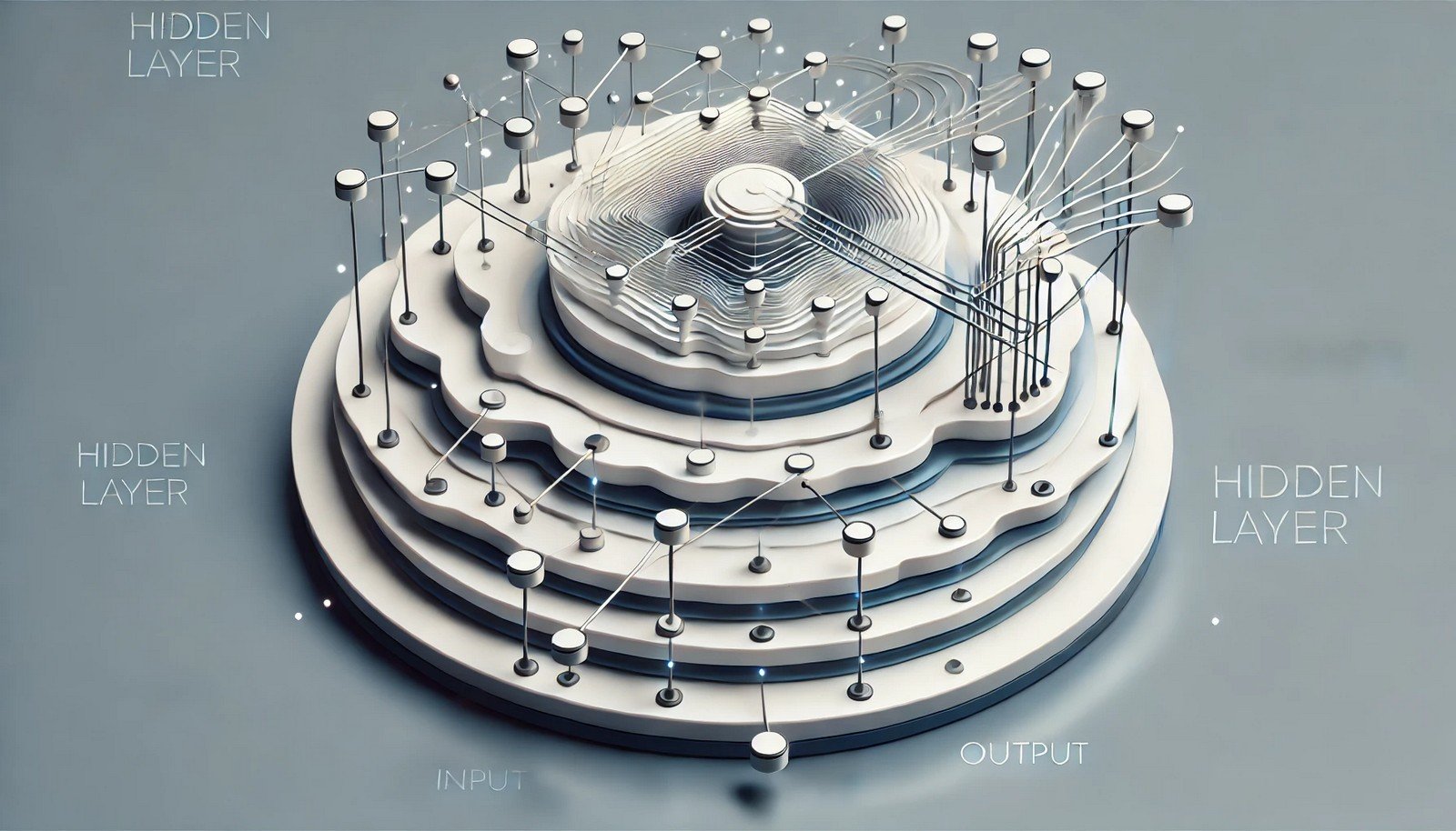 A clean 3D illustration showing a neural network structure with input and output layers. The hidden layer, highlighted centrally, represents data processing with interconnected nodes.