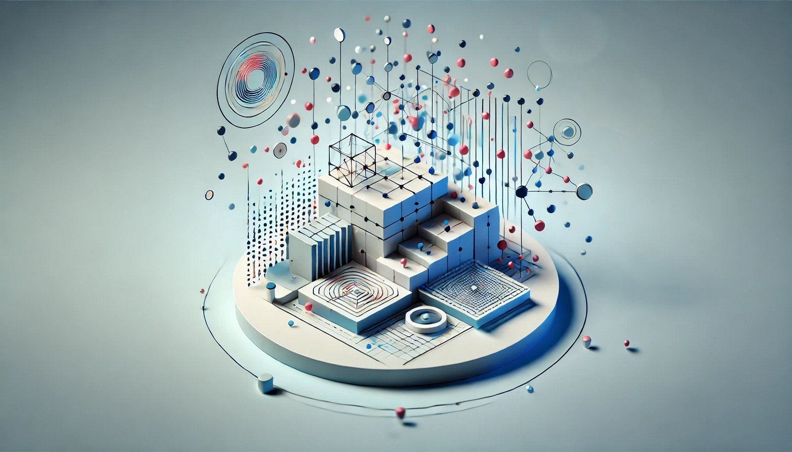 A 3D illustration visualizing the concept of Latent Space in AI, showing interconnected data points in an abstract, multidimensional space, representing data compression and dimensionality reduction.