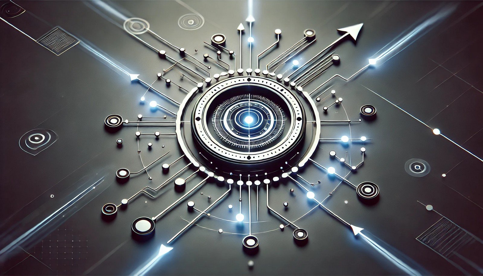 A clean 3D illustration visualizing the concept of an objective function in AI, featuring a central target surrounded by interconnected pathways, symbolizing various solution paths converging toward optimization.