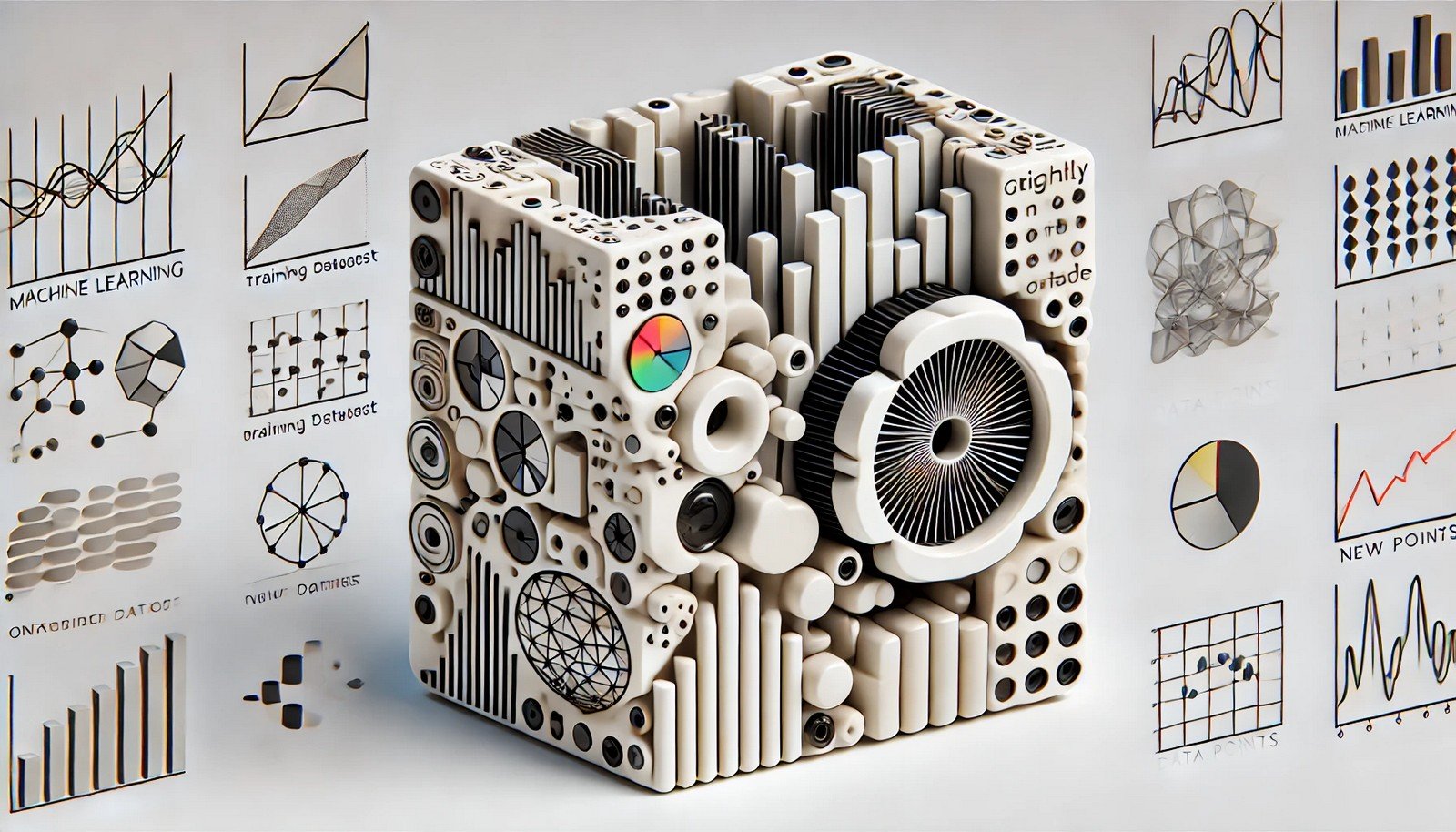 A clean 3D illustration showing a model tightly fitted to a training dataset, with surrounding abstract shapes indicating difficulties with generalized data points outside the set.