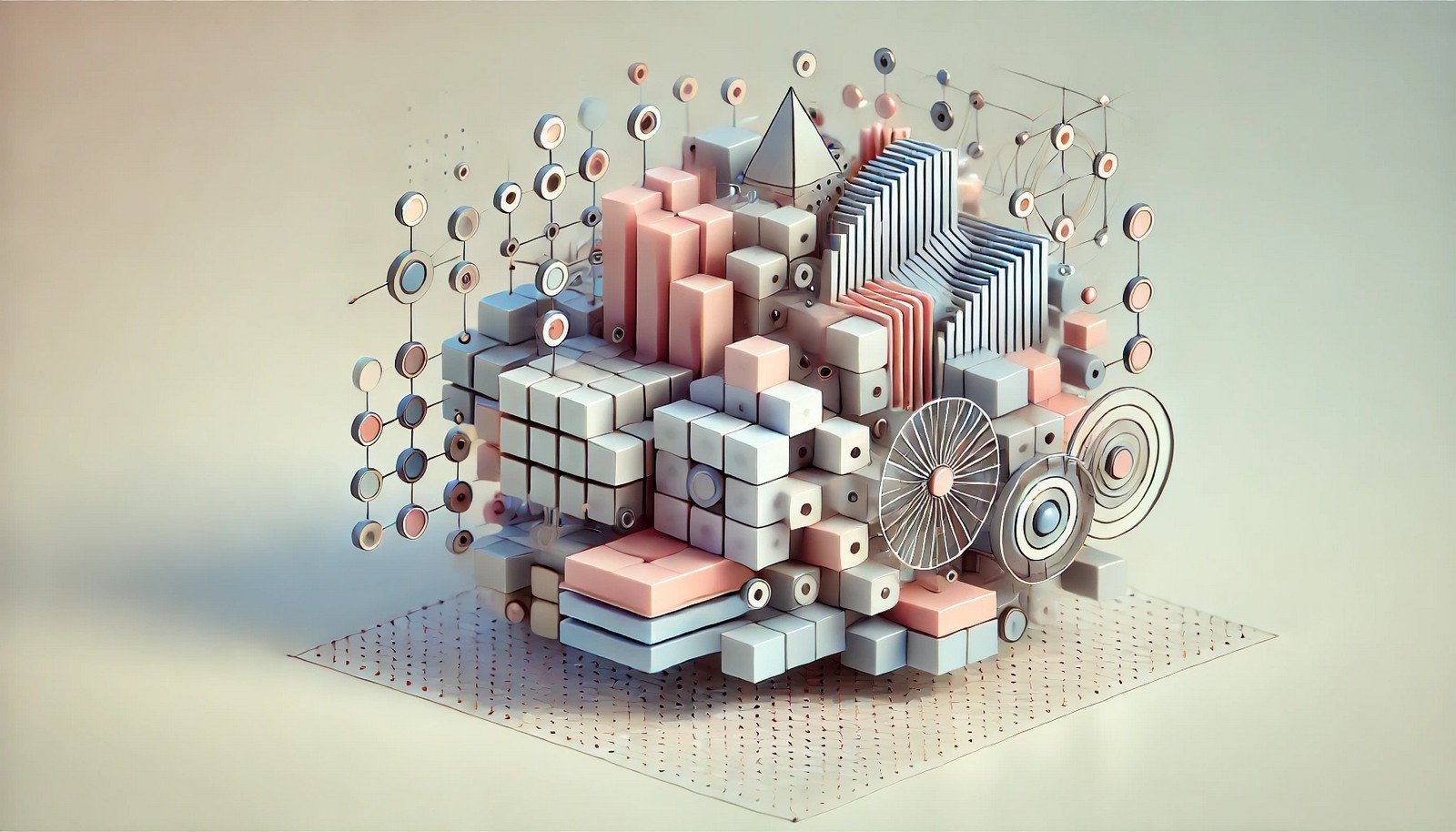 A clean 3D illustration representing the concept of regularization in AI. Simplified geometric shapes convey stability and restraint, symbolizing regularization's role in preventing overfitting in machine learning models.