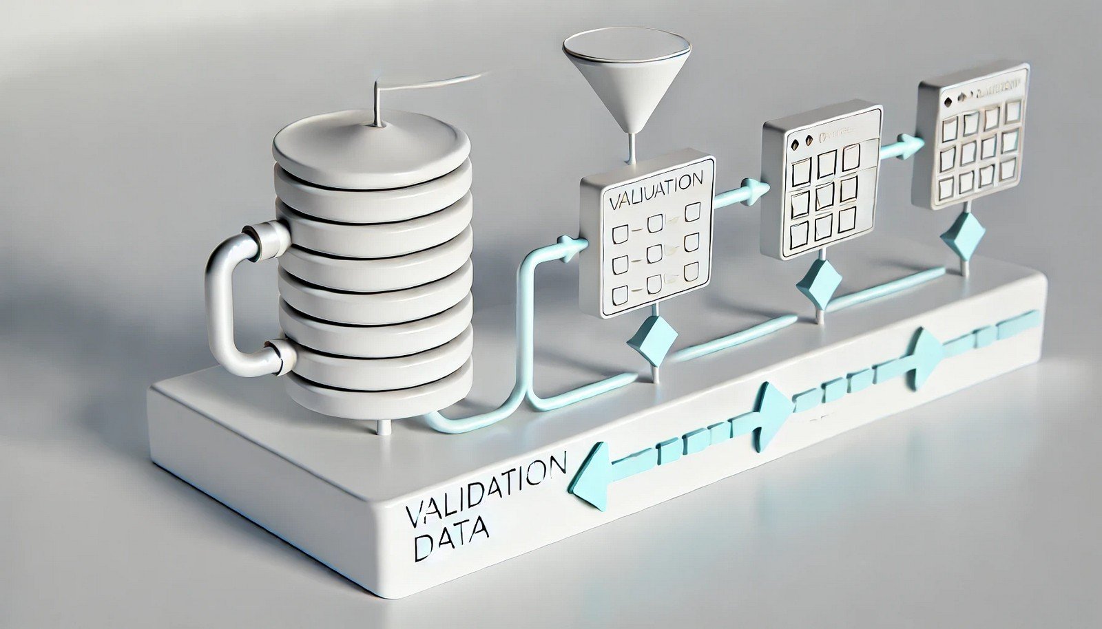 3D illustration showing data streams moving through stages of validation to test an AI model’s accuracy, representing structured evaluation in machine learning for pre-deployment assurance.