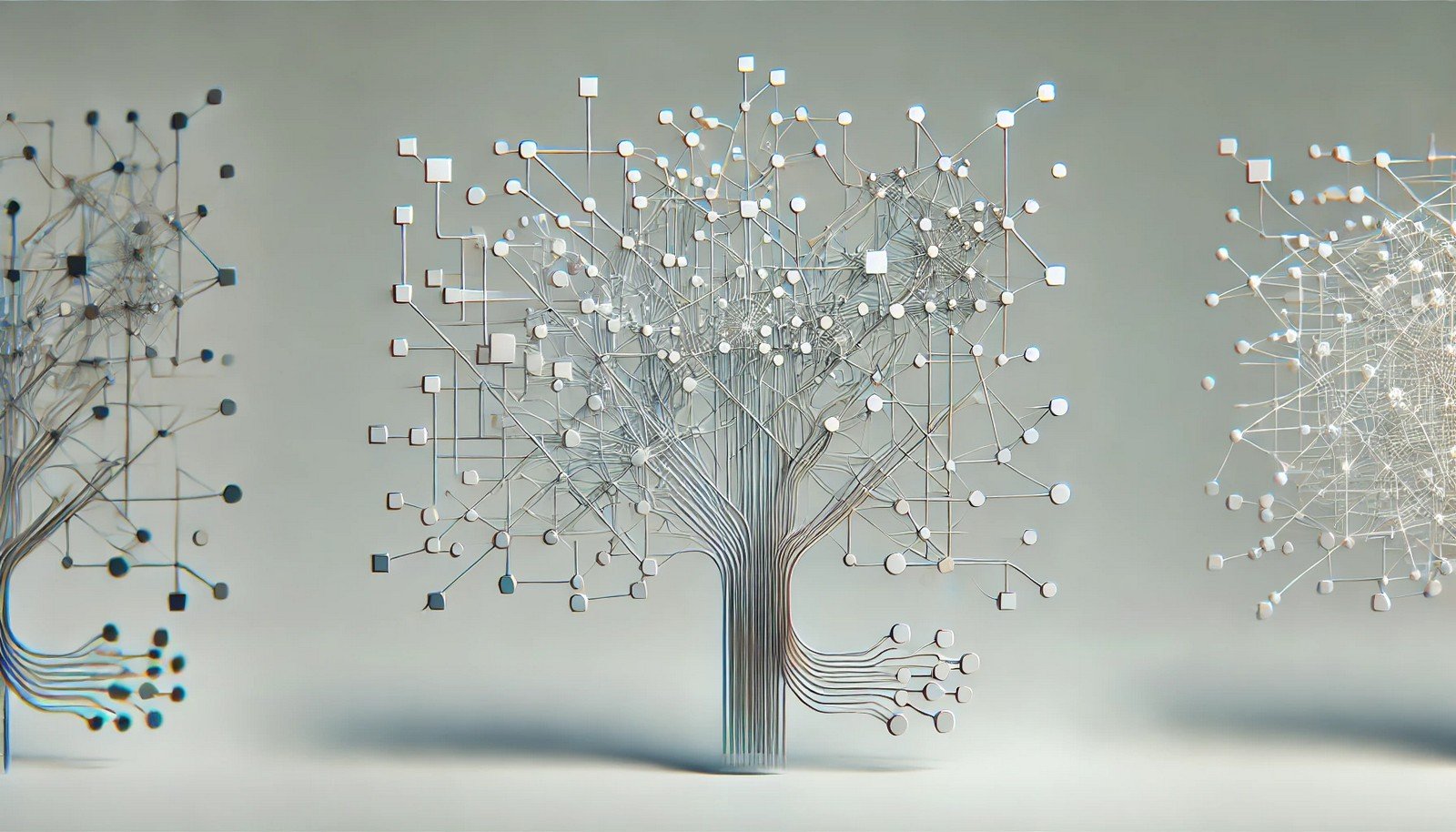 A clean 3D illustration representing "Pruning" in AI, showcasing a neural network where some nodes and connections are faded or missing, symbolizing simplified complexity for enhanced efficiency.