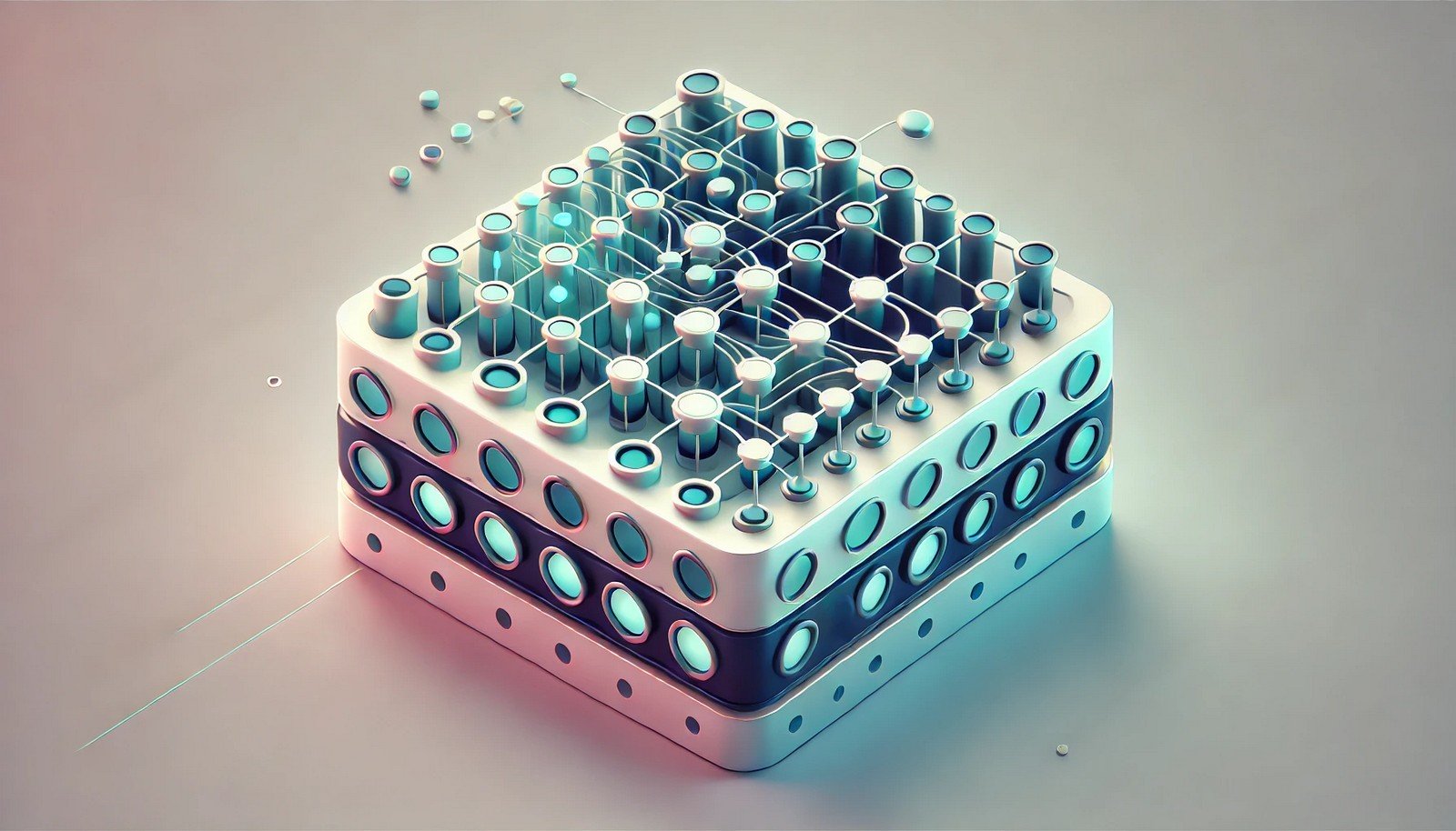 A 3D illustration of batch normalization in a neural network, with balanced and stabilized nodes, symbolizing consistent data distribution and training stability across model layers.