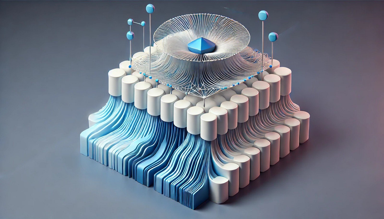 A 3D illustration depicting Gradient Clipping in deep learning, with an abstract neural network structure showing gradient flows controlled to prevent overflow, symbolizing stabilized neural network training.