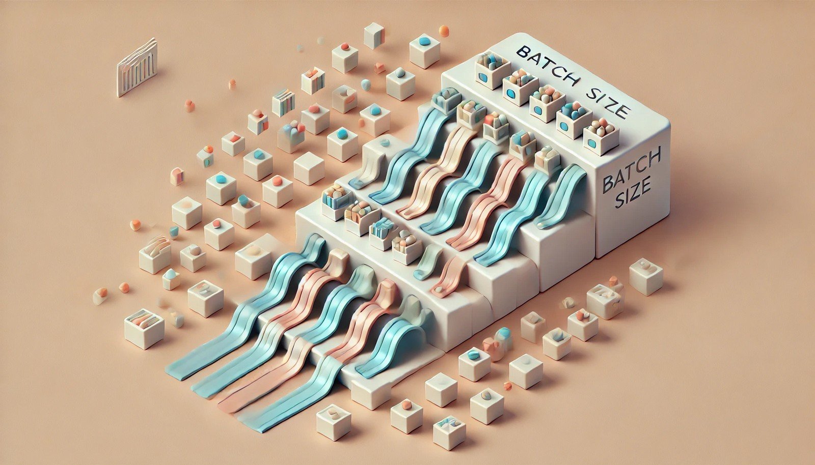 A 3D illustration showing groups of items moving sequentially in segments, representing batch sizes in machine learning as data flows through stages of organized processing.