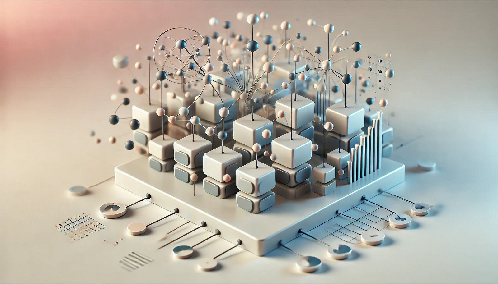 A 3D illustration representing the concept of Initialization in machine learning, with organized and aligned nodes connected in an abstract setup, symbolizing readiness for training.