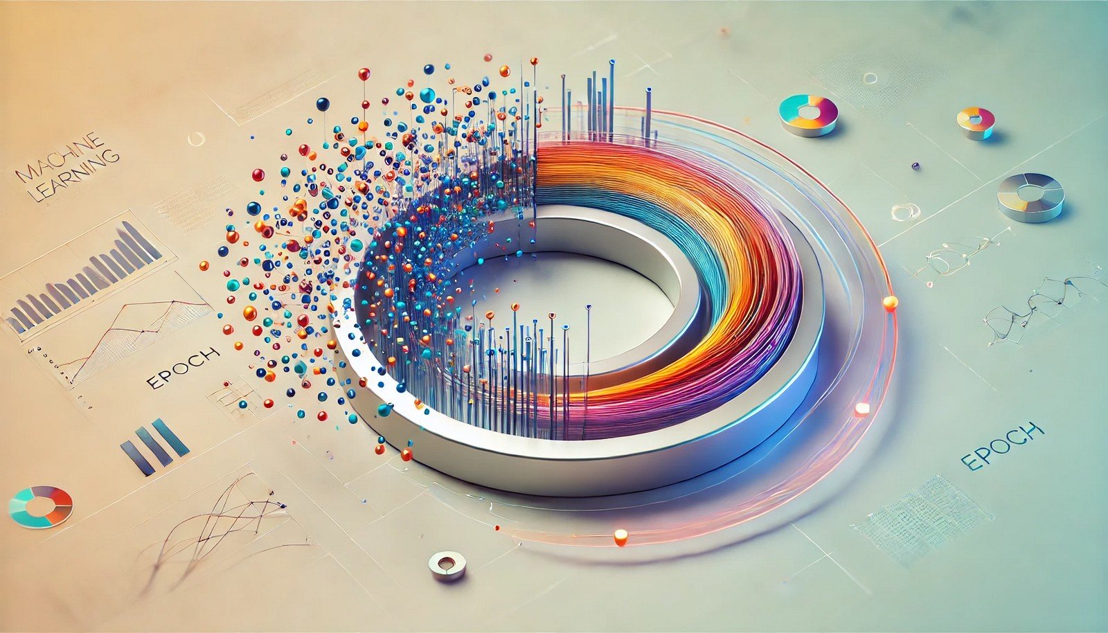 A clean 3D illustration showing a looping cycle with data points flowing through, representing the concept of epochs in machine learning where data undergoes repeated passes for improved accuracy.