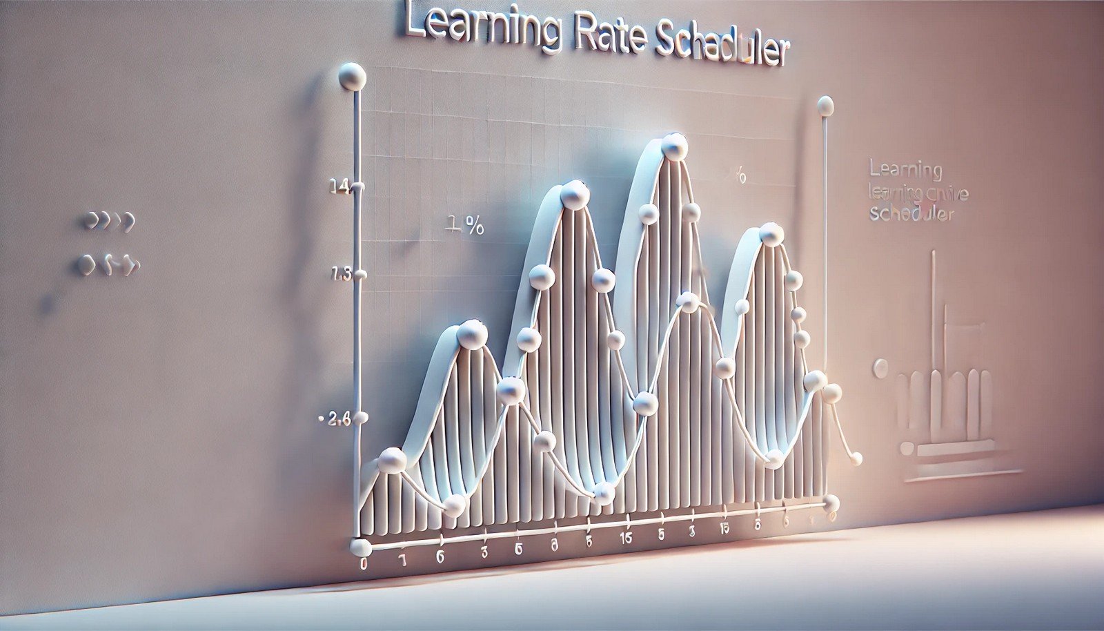 A clean 3D illustration of a gradient learning curve, symbolizing a "Learning Rate Scheduler" in machine learning, with a smooth adjustment progression lowering the peaks, set against a minimalistic background.