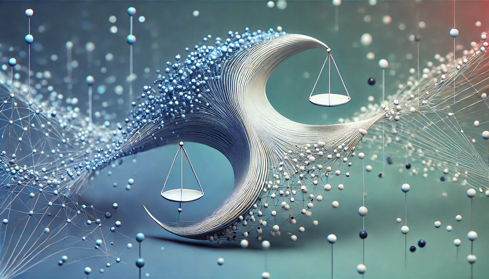 A 3D illustration visualizing Elastic Net in machine learning, highlighting selected data points within a balanced, abstract network structure symbolizing integration of Lasso and Ridge for feature selection.