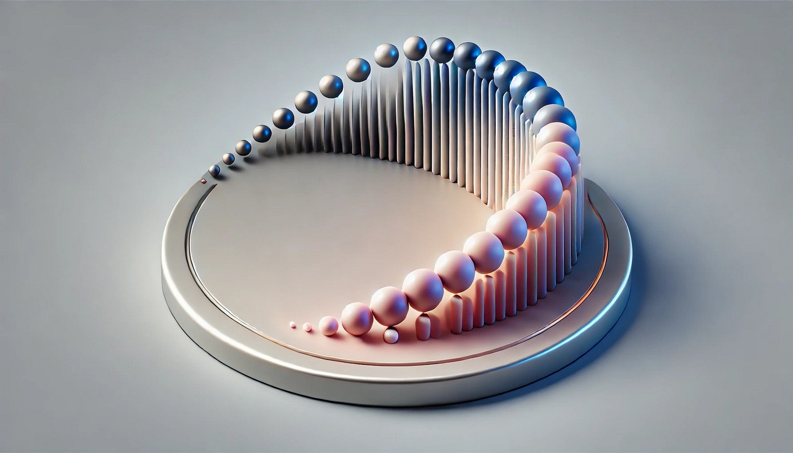 A 3D illustration depicting the concept of "Momentum Decay" in machine learning, with a visual metaphor showing diminishing influence over time, symbolized by fading gradients or decaying energy spheres.