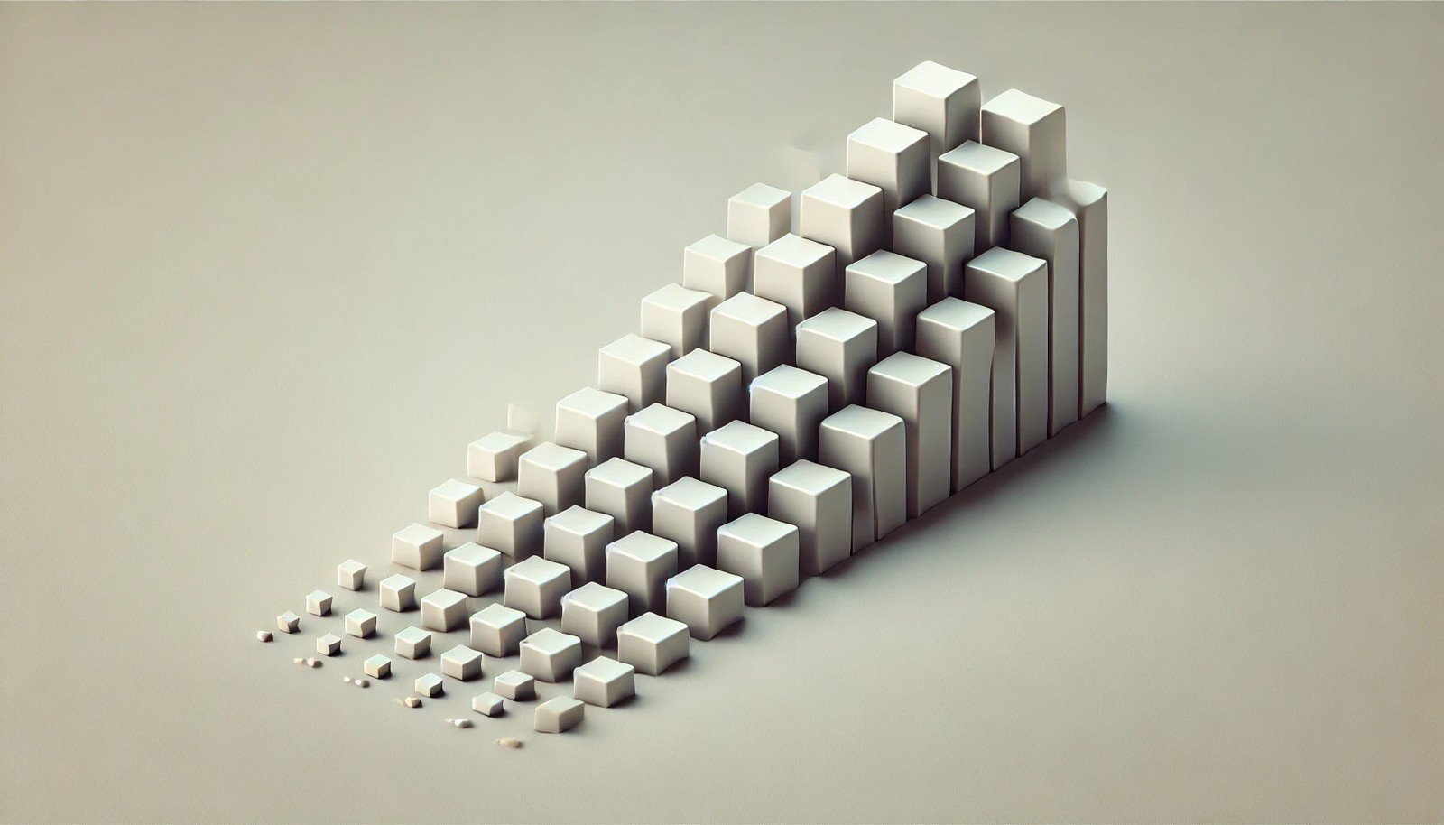 3D illustration of the concept of decay rate with blocks gradually diminishing in size and intensity, symbolizing reduction over time, set against a minimalistic background.