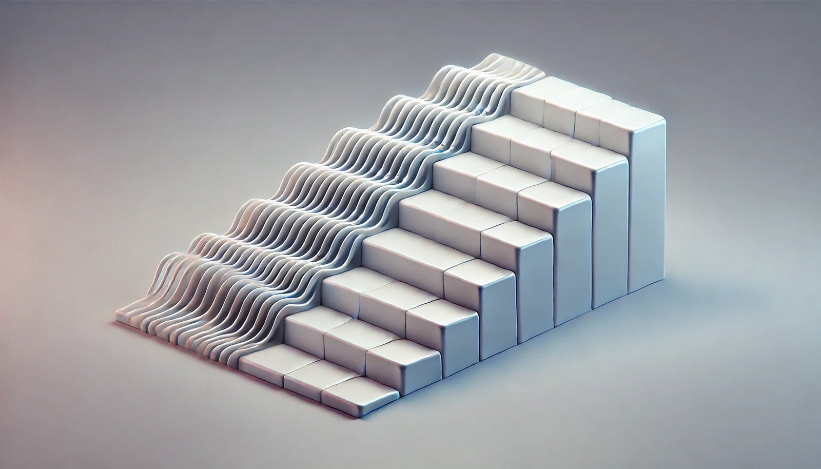 A clean, 3D illustration of the concept of warmup steps in AI, showing gradual growth or progress, with a sequence of step-like layers or ramps symbolizing controlled learning progression in machine training.