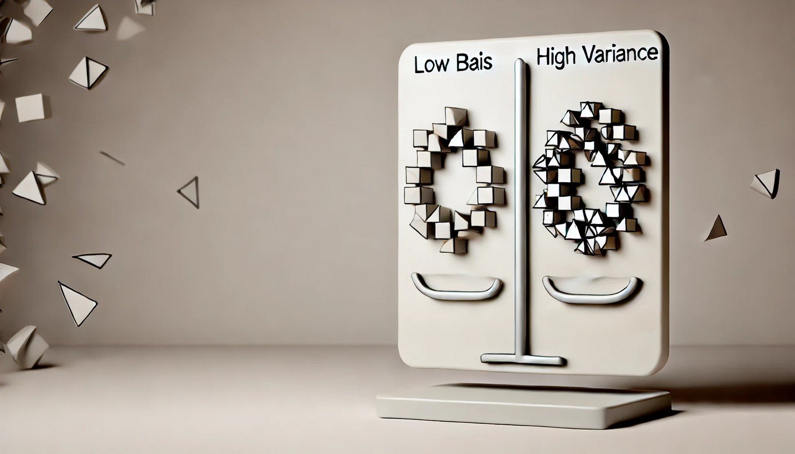 A balanced 3D illustration representing the Bias-Variance Tradeoff in machine learning, with simple, smooth shapes on the left and complex, detailed shapes on the right, against a neutral background.