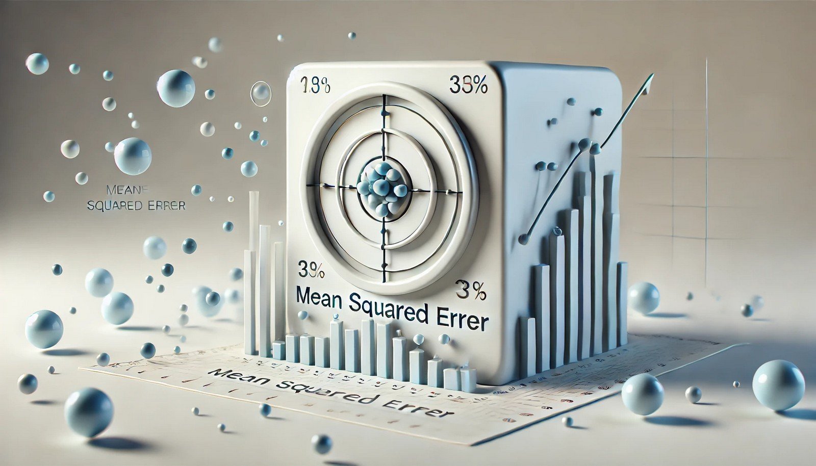 A 3D illustration showing an abstract target with scattered data points, representing Mean Squared Error in machine learning as the average squared difference from a target center.