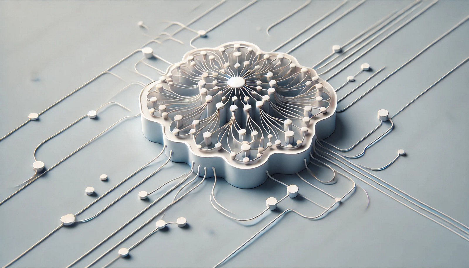 Clean 3D illustration of an activation function in artificial intelligence, showcasing a neural network node selectively activated by multiple pathways, representing data flow and complex pattern learning.