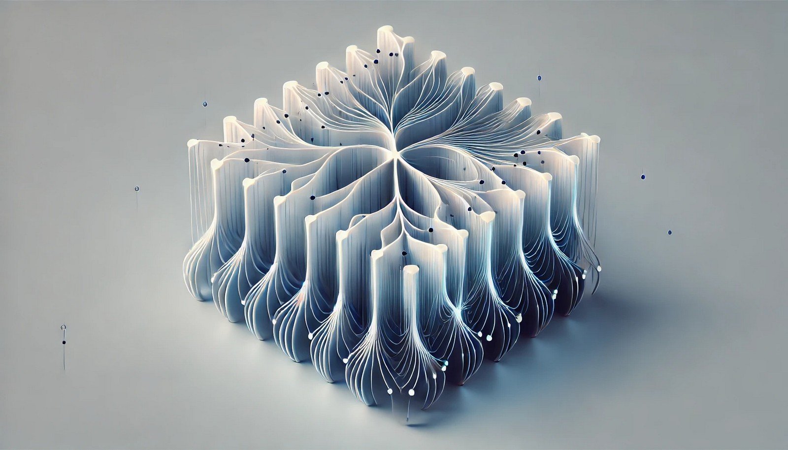 3D illustration of a neural network with soft gradient flows through nodes, showing faint paths for negative values to represent Leaky ReLU’s small gradient allowance, in a clean, modern style.