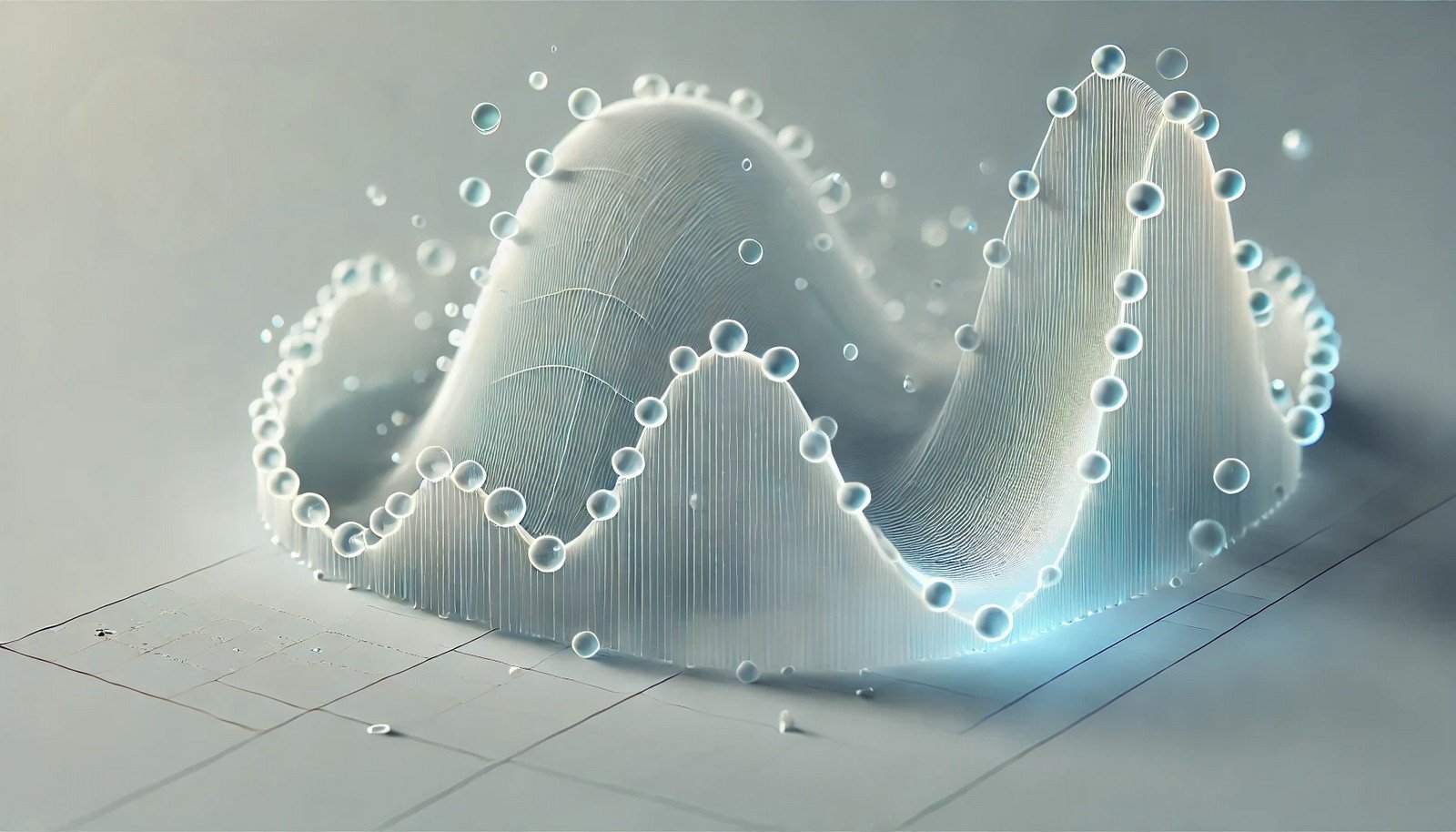 A 3D illustration representing the Exponential Moving Average concept, featuring a smooth line graph with recent data points highlighted, capturing the trend-following and smoothing effect.