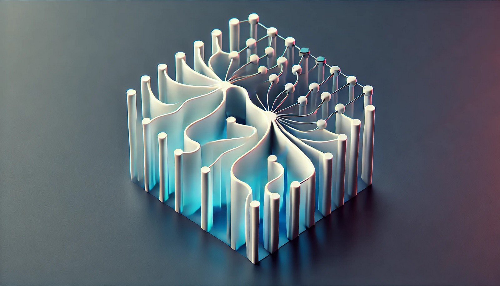 A 3D illustration depicting Gradient Reversal in machine learning, with gradient flows within a neural network, including a reversed section symbolizing adaptability and control in gradient manipulation.