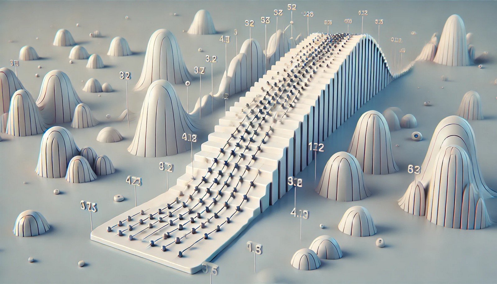 A 3D illustration depicting the concept of Stochastic Gradient, with a path marked by varied step sizes on a smooth, abstract landscape, representing data-driven, iterative optimization.