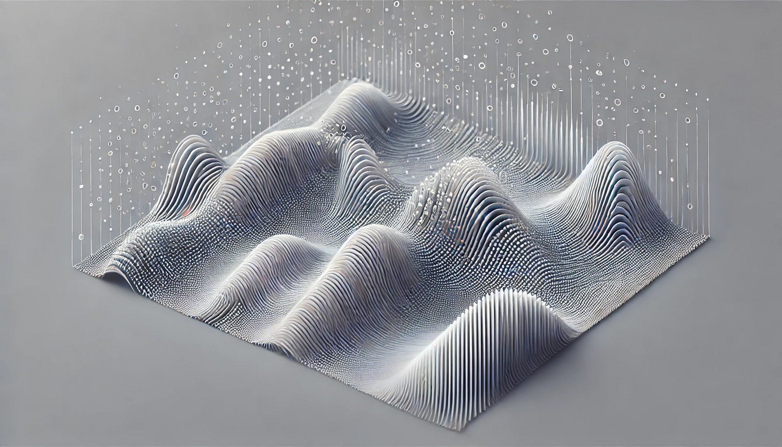 A clean 3D illustration of Gradient Noise in AI, showing abstract waves and gradients to represent controlled randomness and data variability for model robustness and adaptability.